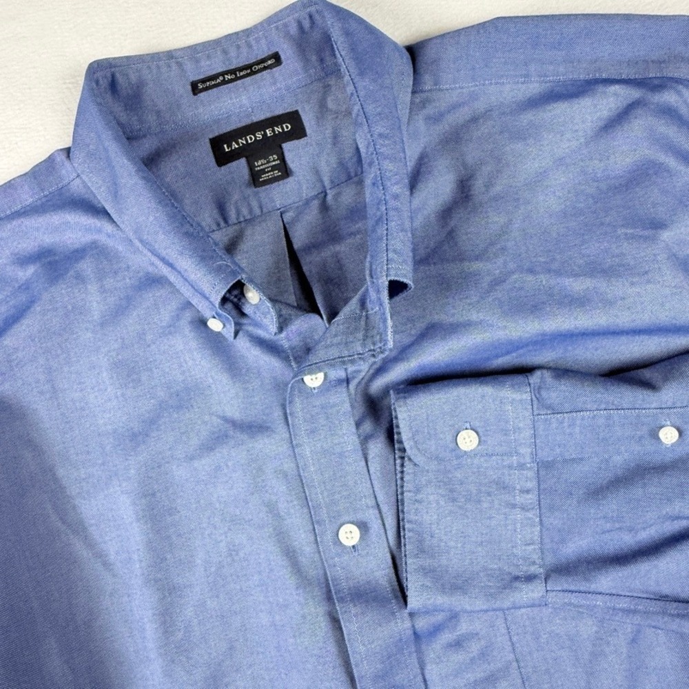Lands' End Oxford Shirt Mens 18.5 35 Blue Supima No Iron Long Sleeve Button Down